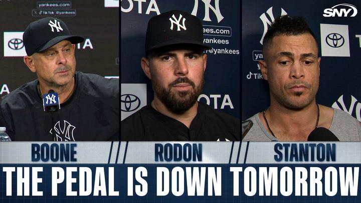 Boone, Rodon, and Stanton of the Yankees with the quote "THE PEDAL IS DOWN TOMORROW" displayed