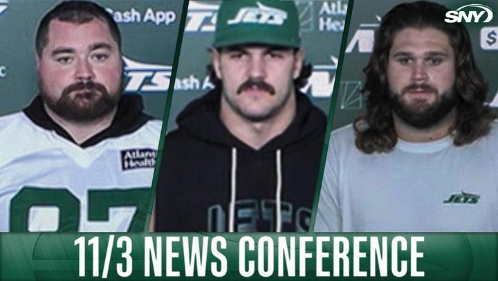 Jets players at the 11/3 news conference shown in three side-by-side panels.