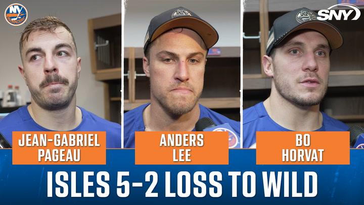 Jean-Gabriel Pageau, Anders Lee, and Bo Horvat react after Islanders' 5-2 loss to Wild