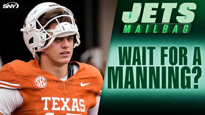 Texas quarterback in uniform with text reading "Jets Mailbag: Wait for a Manning?"