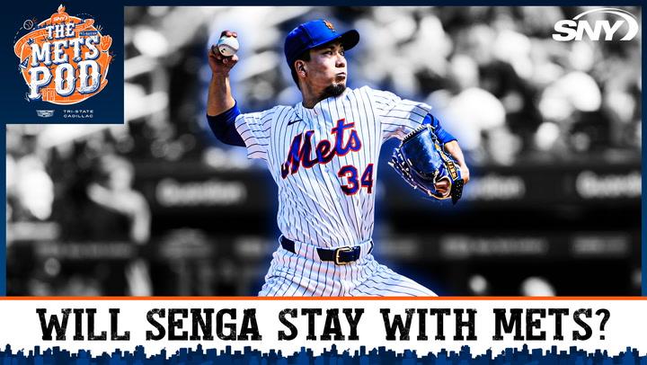 Mets pitcher Senga in uniform with headline "Will Senga stay with Mets?"