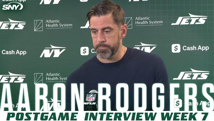 Aaron Rodgers discusses Jets' 2-5 record and his interceptions affecting team momentum.