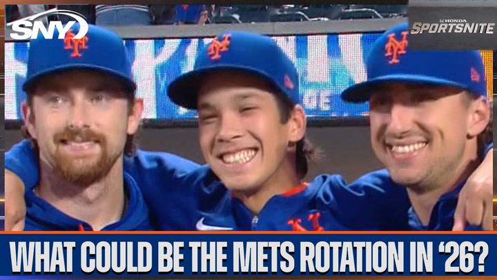 Three smiling Mets players in blue uniforms, with the caption "What could be the Mets rotation in '26?"