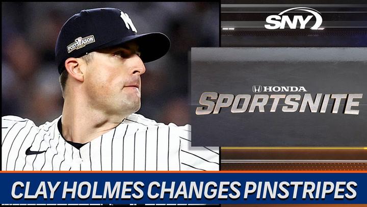 Baseball player Clay Holmes in Yankees uniform; heading to join Mets, discussed on SportsNite.