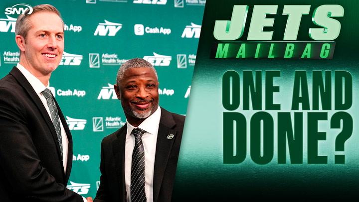 Jets Mailbag graphic with two men in suits, New York Jets logos in the background, and large text reading "ONE AND