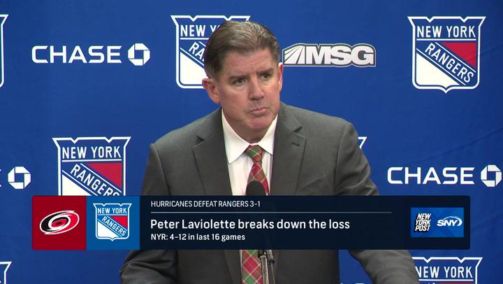 Peter Laviolette discusses Rangers' home loss to Hurricanes, team now 16-16-1 since December.