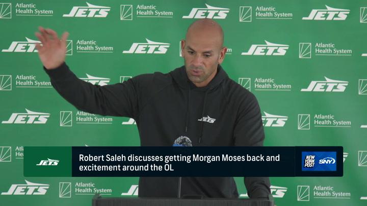 Robert Saleh at podium discussing return of Morgan Moses.