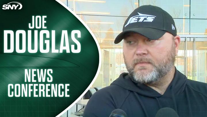 Joe Douglas at a Jets press conference discusses job security and team changes after 3-6 start.