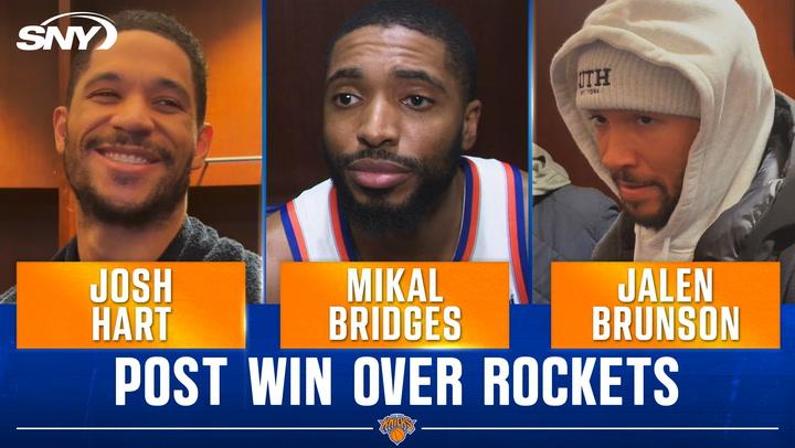 Josh Hart, Mikal Bridges, Jalen Brunson discuss Knicks' win over Rockets and Lakers trade.