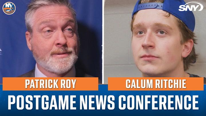Patrick Roy and Calum Ritchie featured at Islanders postgame news conference.