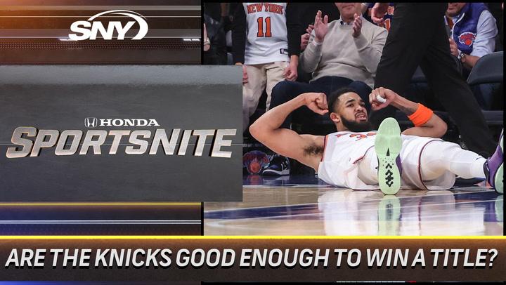 "SNY SportsNite graphic with Knicks player on court. Discussing Knicks' championship odds."