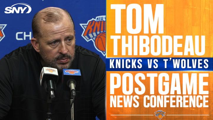 Tom Thibodeau at a press conference, disappointed with Knicks' defense in loss to T'Wolves.