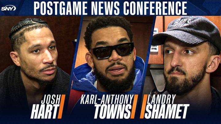 Josh Hart, Karl-Anthony Towns, and Landry Shamet at the postgame news conference.