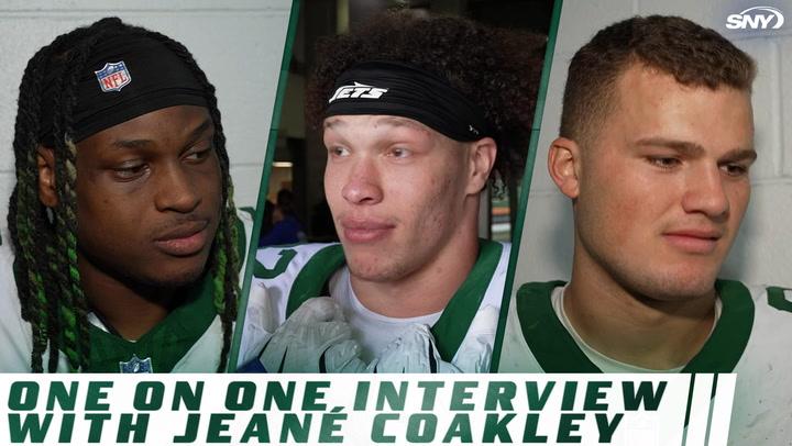 Jets players interviewed one-on-one with Jeane Coakley, as shown by SNY.
