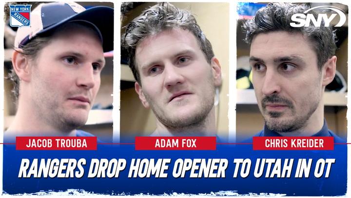 Jacob Trouba, Adam Fox, and Chris Kreider react to the Rangers' 6-5 OT loss to Utah at home.