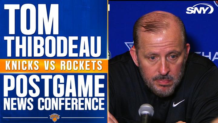 Tom Thibodeau discusses Knicks' 109-97 loss to Rockets, highlights poor shot selection.