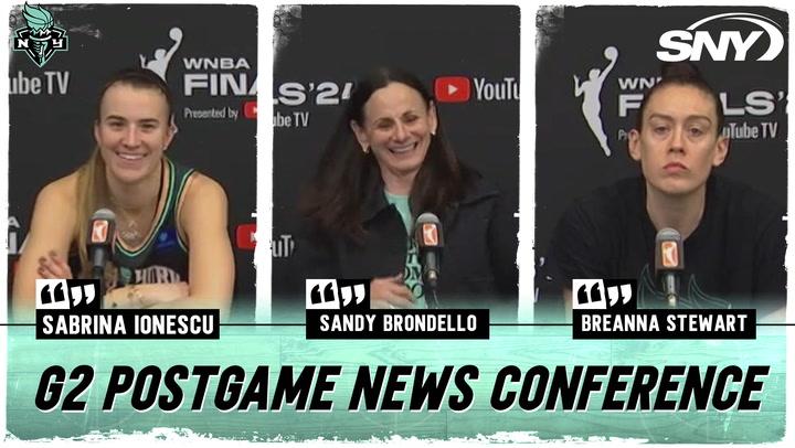 Breanna Stewart, Sabrina Ionescu, and Sandy Brondello at the Liberty's Game 2 win press conference.