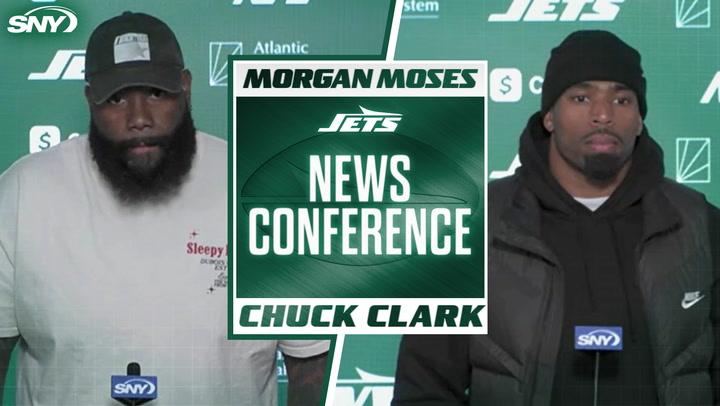 Morgan Moses and Chuck Clark at Jets news conference on 28-27 Week 11 loss to Colts.