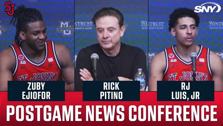 Rick Pitino, Zuby Ejiofor, and RJ Luis Jr at the postgame news conference after St. John's buzzer-beater win over Marquette.