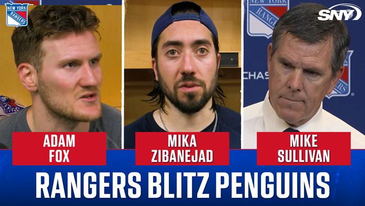 Adam Fox, Mika Zibanejad, and Mike Sullivan shown with the headline "Rangers blitz Penguins."