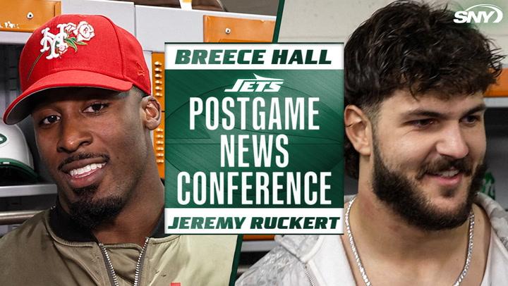 Breece Hall and Jeremy Ruckert at Jets postgame news conference, SNY logo in corner.