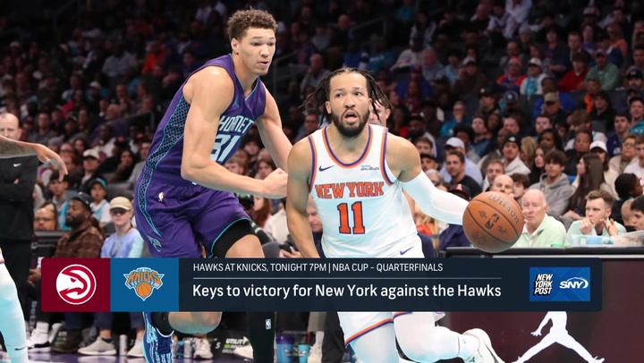 Knicks' player drives against the Hawks in NBA Cup. Can New York secure a 2024 spot tonight?