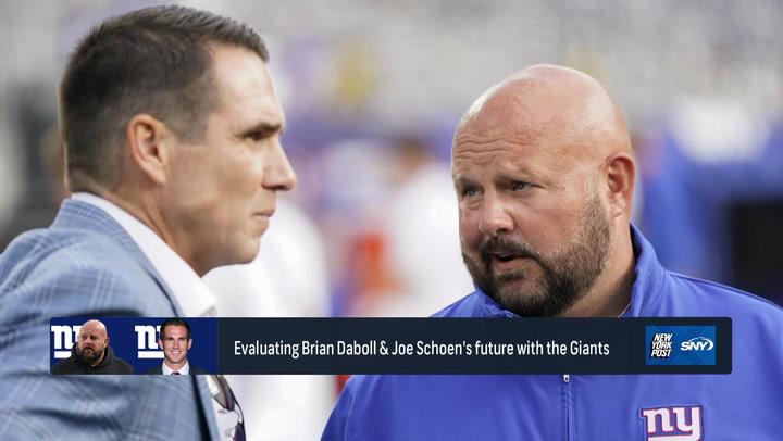 Close-up of two men in conversation. Text overlay: Evaluating Brian Daboll & Joe Schoen's future with the Giants. Giants can’t deliver all the fixings on Thanksgiving.