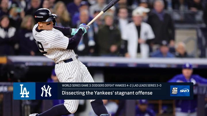 Yankees fans stunned as Aaron Judge swings, reflecting on Game 3 struggles against Dodgers.