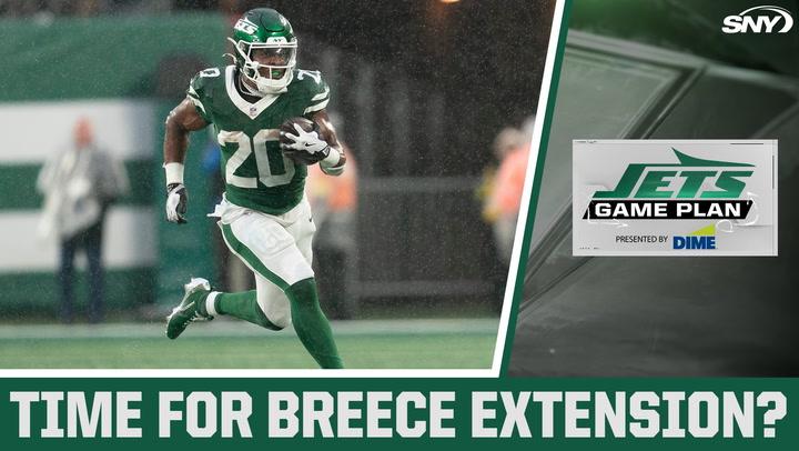 Breece Hall of the Jets running with the football, with text asking "Time for Breece Extension?" and the Jets Game