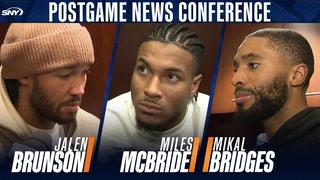 Jalen Brunson, Miles McBride, and Mikal Bridges at the postgame news conference.