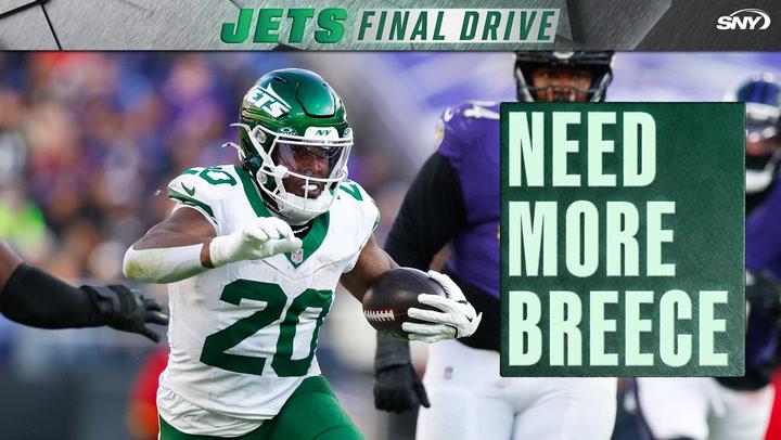 Jets' Breece Hall running with the football, accompanied by a graphic saying "NEED MORE BREECE" and "