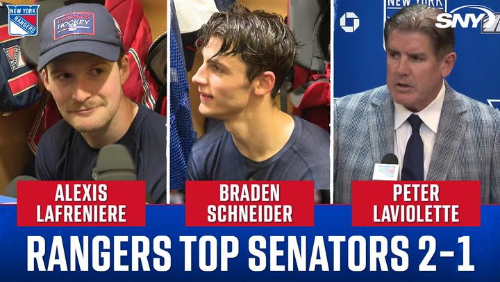 Alexis Lafreniere, Braden Schneider, and Peter Laviolette react to Rangers' 2-1 win over Senators.