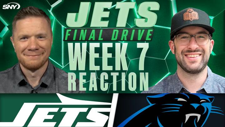 Jets vs Panthers Week 7 reaction with two commentators, Jets and Panthers logos shown.