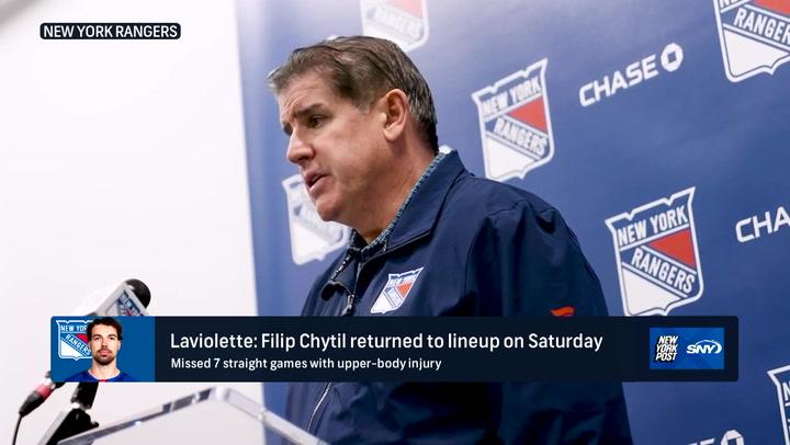 Peter Laviolette discusses Rangers' strategy vs. Devils, with updates on Filip Chytil's return.