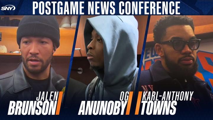 Jalen Brunson, OG Anunoby, and Karl-Anthony Towns featured at a postgame news conference.
