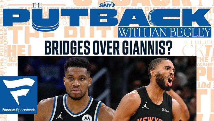 Giannis Antetokounmpo of the Bucks and Mikal Bridges of the Knicks featured with the headline "Bridges