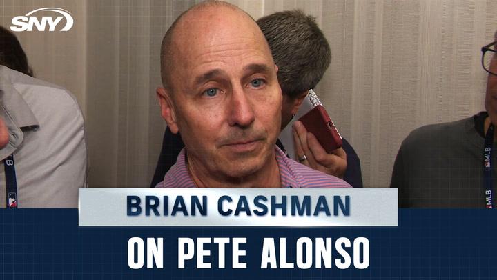 Brian Cashman discusses Yankees' interest in free agent Pete Alonso during a press conference.