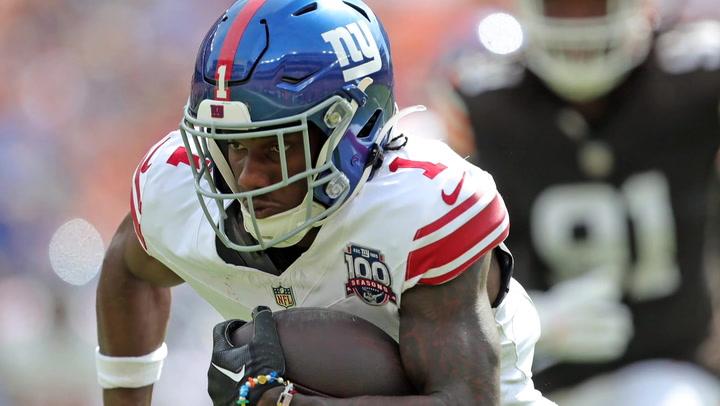 Giants WR Malik Nabers in uniform during a game. He's officially out for Week 6 vs Bengals.