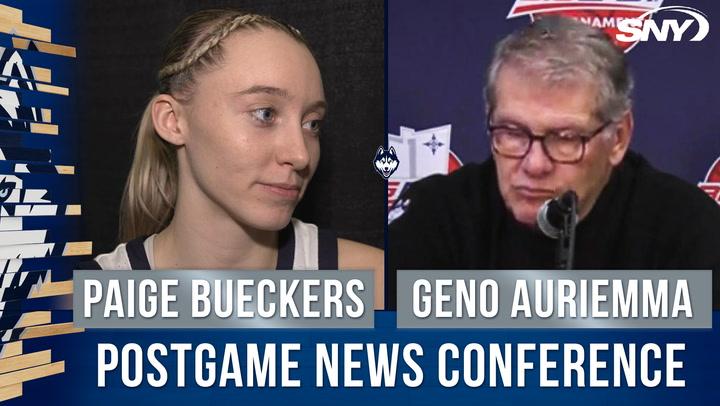 Paige Bueckers and Geno Auriemma discuss UConn's win over Villanova in Big East semis.