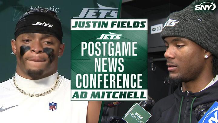 Jets postgame news conference featuring Justin Fields and AD Mitchell.