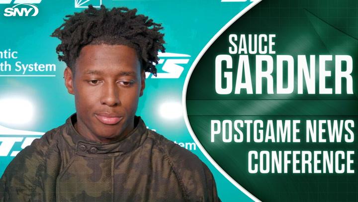 Jets cornerback Sauce Gardner at postgame conference discussing 26-21 Seahawks loss.