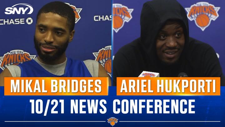 Mikal Bridges and Ariel Hukporti at New York Knicks 10/21 news conference.