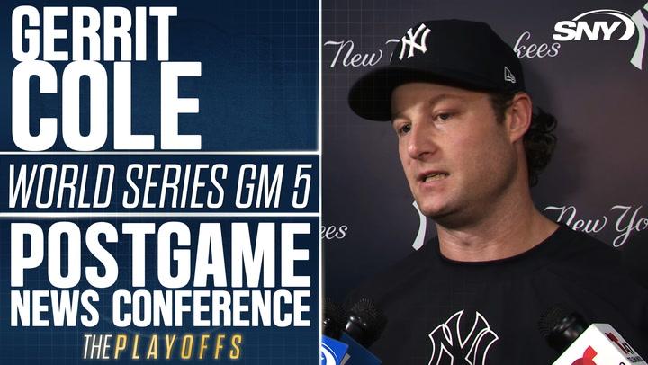 Gerrit Cole addressing media after Yankees' World Series Game 5 loss vs Dodgers, discussing key moments.