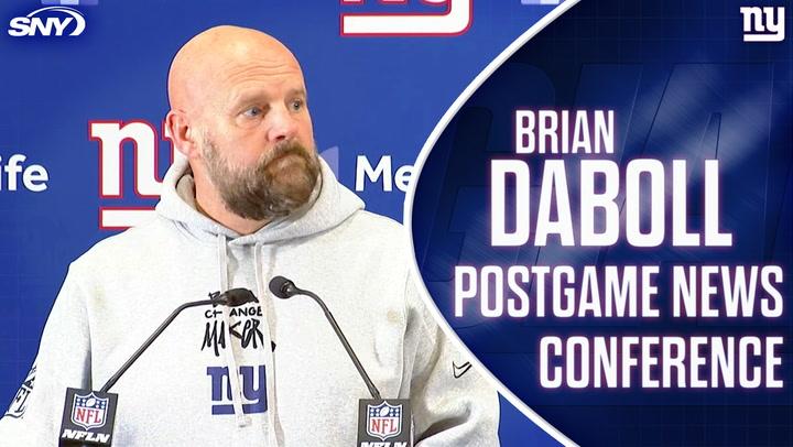 Brian Daboll at a press conference discussing the plane banner urging Giants to "fire everyone."