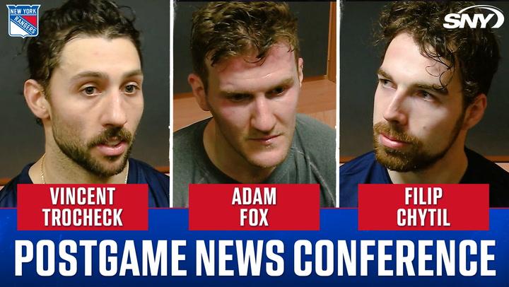 Vincent Trocheck, Adam Fox, and Filip Chytil discuss Rangers' resilience after loss.