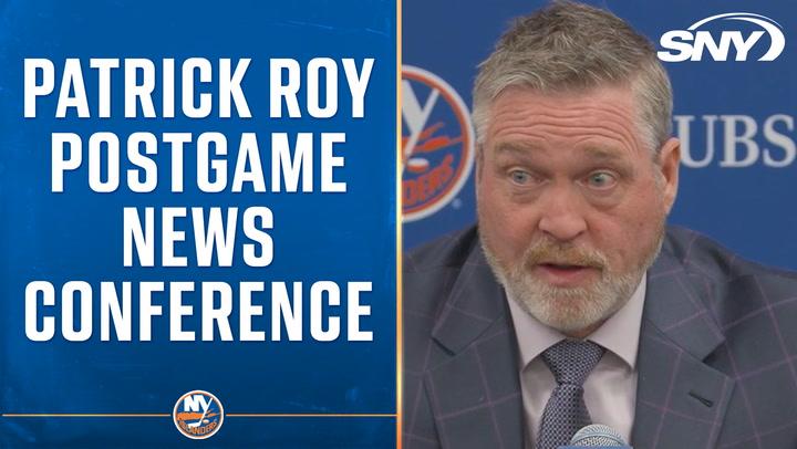 Patrick Roy speaks at a New York Islanders postgame news conference shown by SNY.