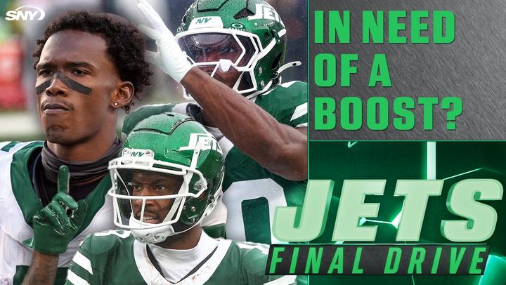 Jets players in action with the text "In Need of a Boost? | Jets Final Drive" discussing offense analysis.