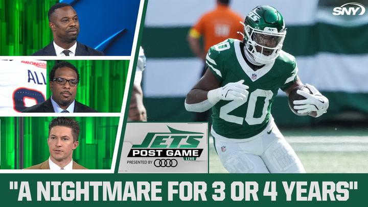 Jets Post Game on SNY with three analysts and a player in a Jets uniform, featuring the quote "A NIGHTMARE