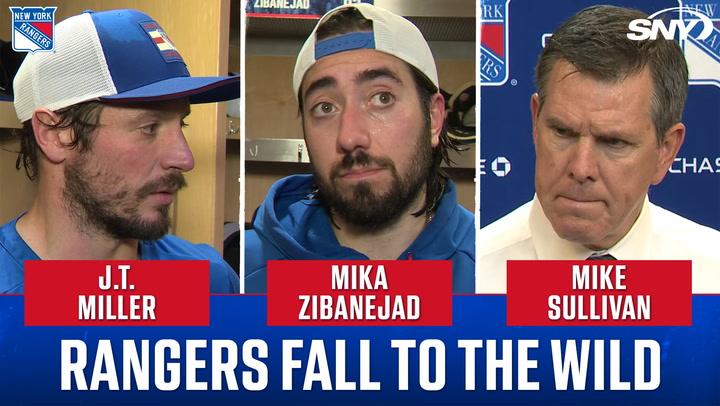 J.T. Miller, Mika Zibanejad, and Mike Sullivan featured with headline "Rangers Fall to the Wild".