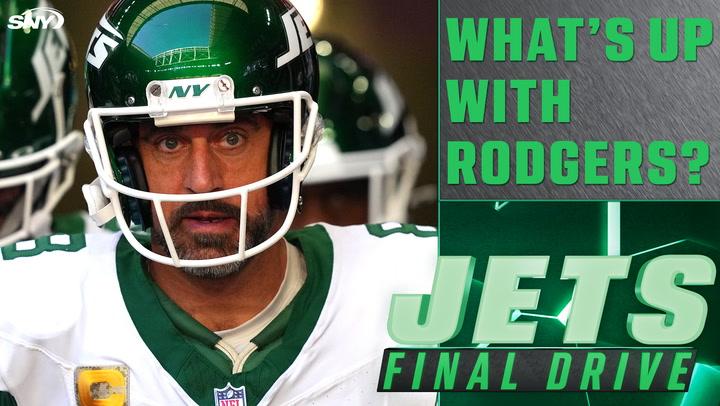 Close-up of a football player in Jets gear with text: "What's up with Rodgers?" and "Jets Final Drive." Discussion focuses on Aaron Rodgers' potential to save the Jets.